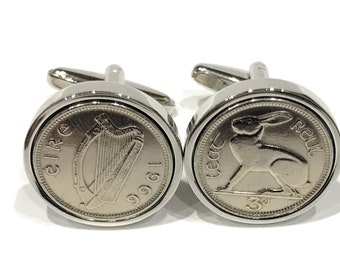 1966 Irish Threepence Coin Cufflinks: 60th Birthday Gift, Silver Plated backs