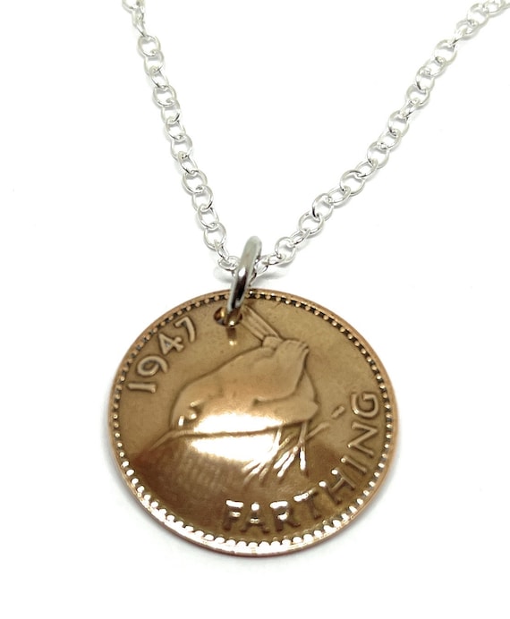 1947 Farthing Domed pendant 78th birthday.  Original Farthing coins Great gift from 1947 78th birthday gift Mothers day gift