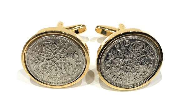 Premium 1959 Sixpence Cufflinks for a 65th birthday.  Original British sixpences inset in Gold Plated Cufflinks backs 65th Thinking Of You
