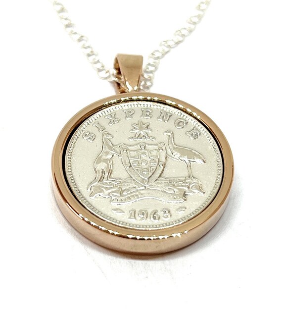 1963 61st Birthday / Anniversary Australian sixpence coin Solid pendant plus 18inch SS chain gift 61st birthday gift for her RG