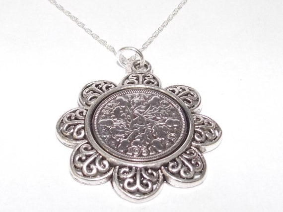 Floral Pendant 1931 Lucky sixpence 93rd Birthday plus a Sterling Silver 18in Chain 93rd birthday gift for her Thinking Of You, Mum Dad