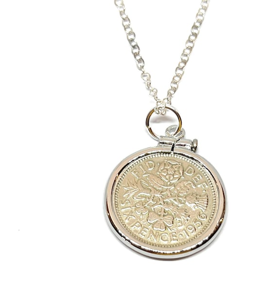 1956 Sixpence Coin Pendant 69th Birthday Gift: Sterling Silver Chain