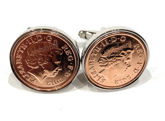 12th Silk wedding anniversary cufflinks -  1p coins from 2012 Thinking Of You,  Special Friend, Mum, Dad