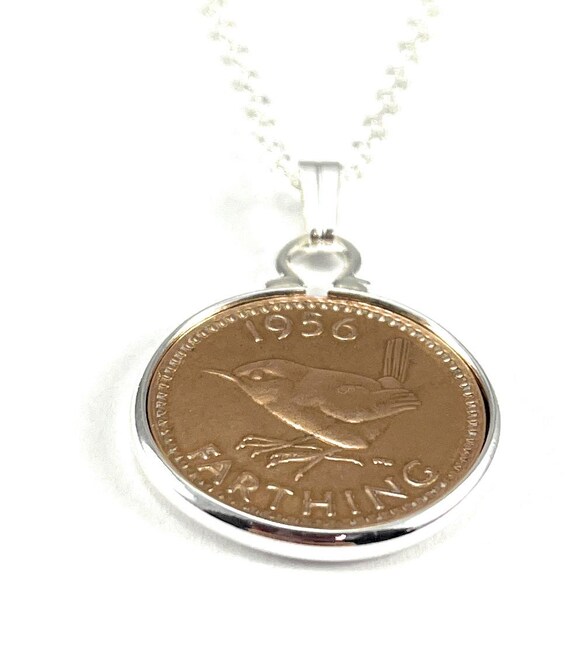 1956 Farthing Coin Pendant: 69th Birthday Gift, Silver Plated mount
