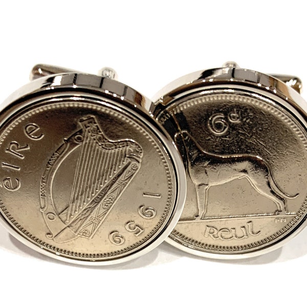 1959 Irish Sixpence Coin Cufflinks 67th Birthday Gift: Silver Plated Backs