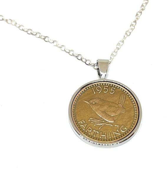 1955 70th Birthday Gift Farthing Pendant: Silver, Gold or RoseGold Plated mounts