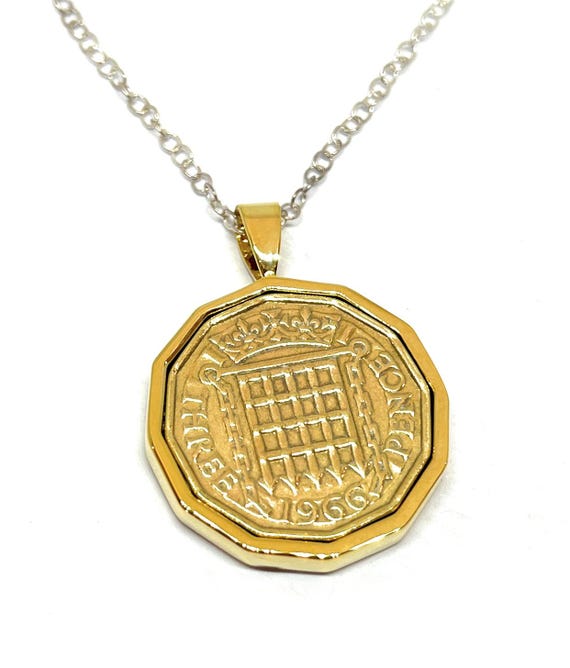 1966 British Threepence Coin Pendant: 59th Birthday Gift, Gold or Silver plated mount