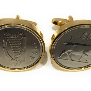1969 56th Birthday Gift Anniversary Old Large Irish 5p coin cufflinks , 1969 56th birthday, Gift for Him Gld