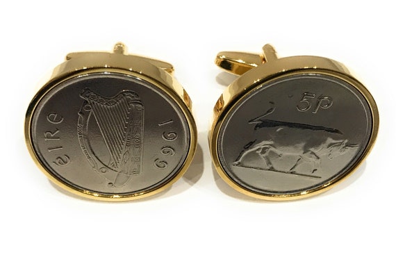 1969 55th Birthday / Anniversary Old Large Irish 5p coin cufflinks , 1969 55th birthday, Fathers Day Gift, Gift for men, mens 55th gift -Gld