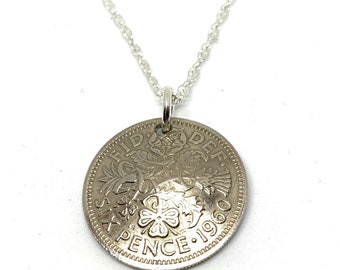 1960 Domed Silver Sixpence 64th birthday pendant - Original 1960 domed sixpence coin 64th birthday gift for her, Thinking Of You, Mum, Dad