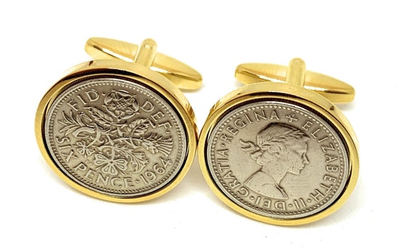 1964 Sixpence coin cufflinks- Great coin gift idea. Genuine British 6d Sixpence coin cufflink 1964 , Thinking Of You, Mum Dad, HT GLD