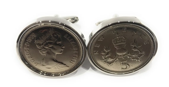 1980 44th Birthday / Anniversary Old Large English 5p coin cufflinks, Five Pence cufflinks, 1980 Birthday, 44th birthday, Fathers Day Slver