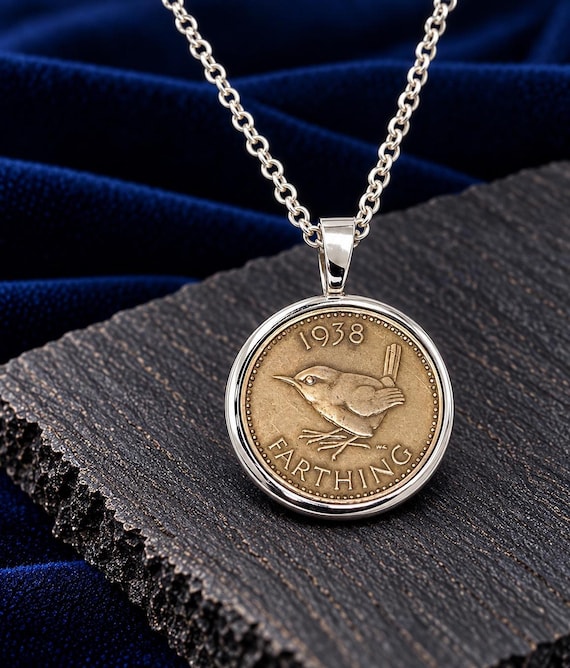 Coin Pendant, 1938 Farthing Necklace with Plated Finish