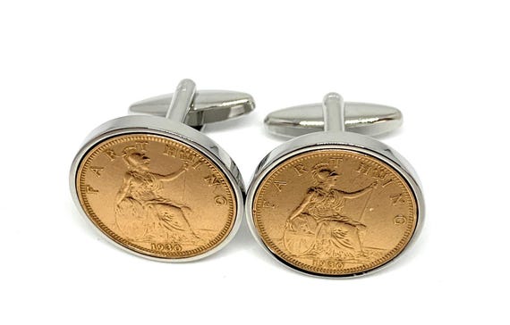 1930 Farthing Coin Cufflinks - 95th Birthday Gift, Silver, Gold or RoseGold plated cufflink backs