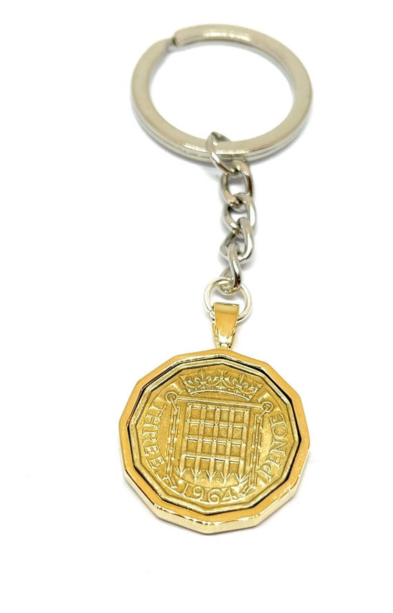 1964 61st Birthday Gift Keyring Threepence Keyring- Mum, Dad, Brother, Sister- 61st Birthday-Coin , Threepence Coin, 61st Anniversary,  GLD