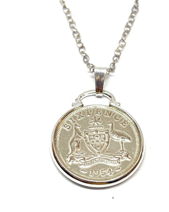1954 70th Birthday / Anniversary Australian sixpence coin Cinch pendant plus 18inch SS chain gift 70th birthday gift for her
