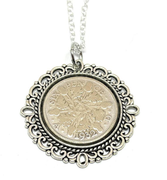 1932 Sixpence Coin Fancy Pendant: 93rd Birthday Gift, Sterling Silver Chain