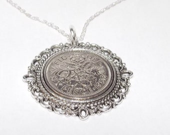 70th Birthday Gift 1956 Lucky Sixpence Sterling Silver Pendant Necklace