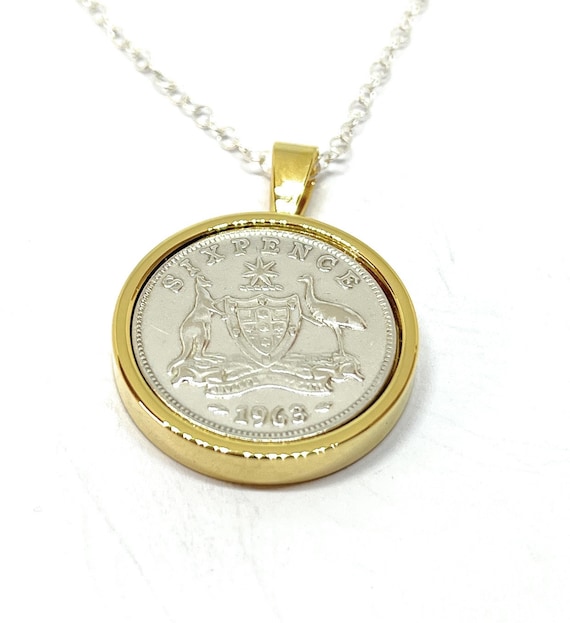 1963 62nd Birthday / Anniversary Australian sixpence coin Solid pendant plus 18inch SS chain gift 62nd birthday gift for her GLD