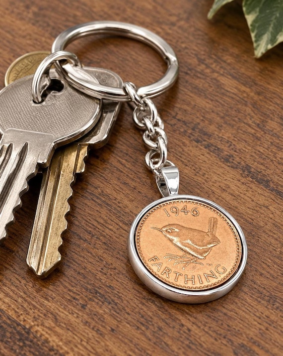 80Th 1946 Farthing Keyring, Silver, Gold Or Rose-Plated Mount