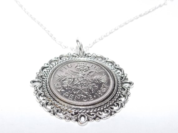 Fancy Pendant 1967 Lucky sixpence 58th Birthday plus a Sterling Silver 18in Chain, 1967 gift, 1967 birthday, 58th gift, 58th birthday