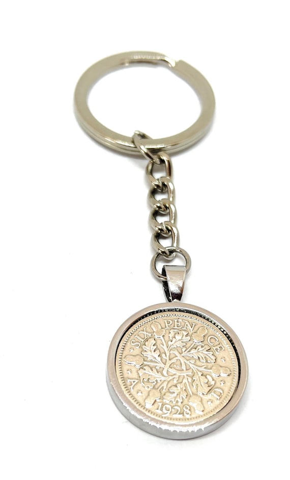 1928 Sixpence Coin Keyring 97th Birthday Gift: Silver, Gold or RoseGold Plated backs