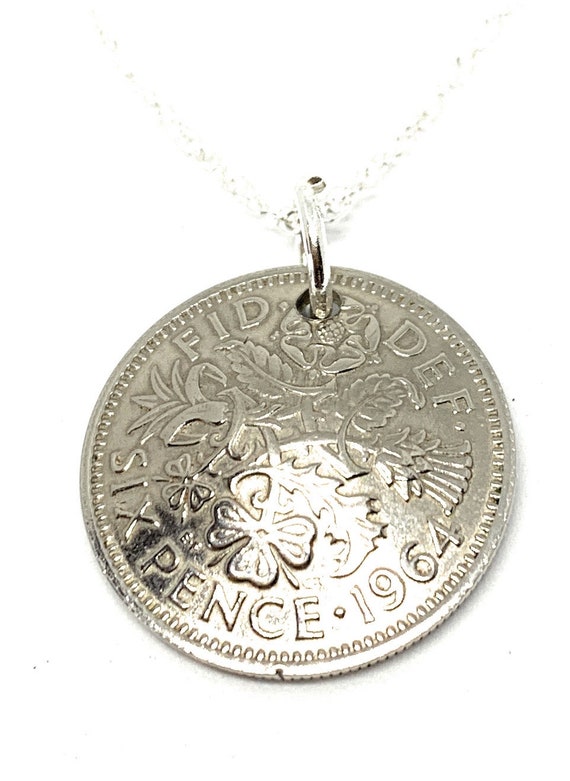 1964 Domed Sixpence Pendant 61st birthday.  Original sixpence coins Great gift from 1964 61st Thinking Of You,  Special Friend, Mum, Dad