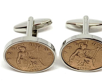 1921 Farthing Cufflinks: 105th Birthday Gift, Silver Plated Mounts