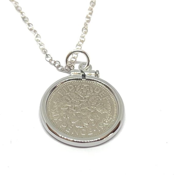 1964 62nd Birthday Gift, Sixpence Coin Solid Cinch Pendant: Sterling Silver Chain