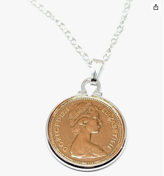 50th Birthday gifts for women / Anniversary one pence coin Pendant - one pence Pendant from 1974 for a 50th Birthday