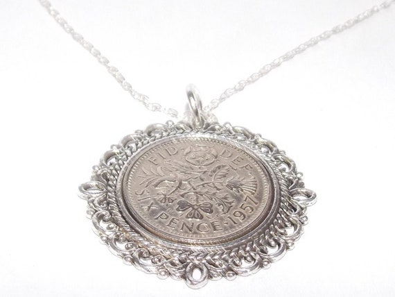 Lucky sixpence 1957 Birthday plus a Sterling Silver Chain 68th Fancy Pendant 68th birthday gift for her Thinking Of You, Mum Dad