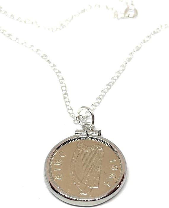62nd Birthday Gift, 1964 Irish Sixpence Coin Pendant Solid Cinch: Sterling Silver Chain