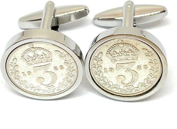 1925 Threepence Coin Cufflinks: 99th Birthday Gift, Silver Plated backs