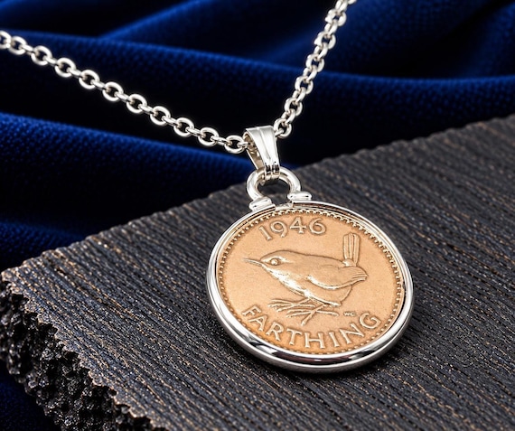 Farthing Pendant, 1946 Coin with Silver Plated Mount and Sterling Chain