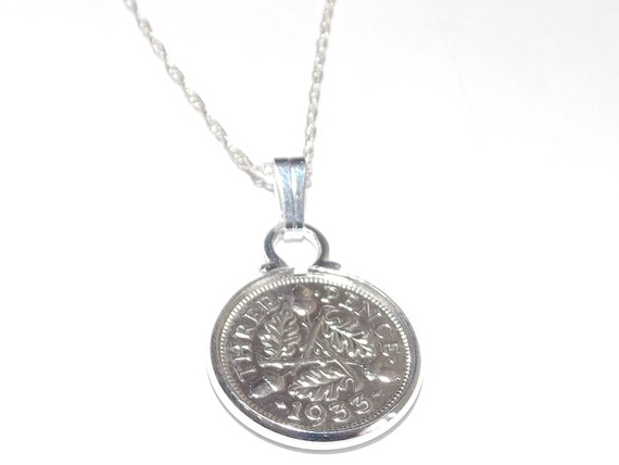 1933 Threepence Coin Pendant: 92nd Birthday Gift, Sterling Silver Chain