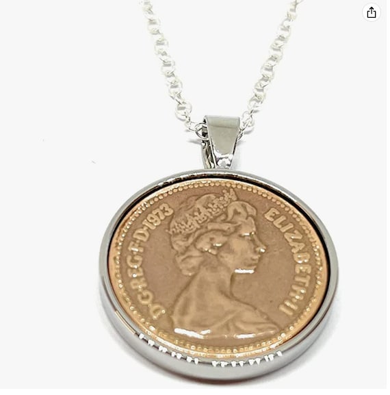 Solid 1973 51st Birthday / Anniversary one pence coin Pendant - one pence Pendant from 1973 for a 5st Birthday