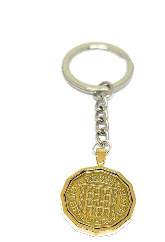 1955 70th Birthday Keyring-Threepence Keyring- Mum, Dad, Brother, Sister- 70th Birthday-Coin Keyring, 70th Anniversary, GLD