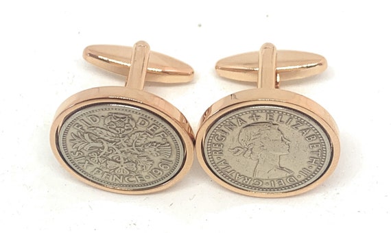 Premium 1961 Sixpence Cufflinks for a 63rd birthday.  Original British sixpences inset in Silver Plated French Cufflinks backs RGLD Mum, Dad