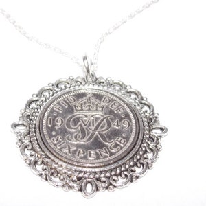 1949 Sixpence Sterling Silver Pendant Necklace: 76th Birthday Gift