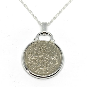 1960 Sixpence Coin Pendant: 65th Birthday Gift, Sterling Silver Chain