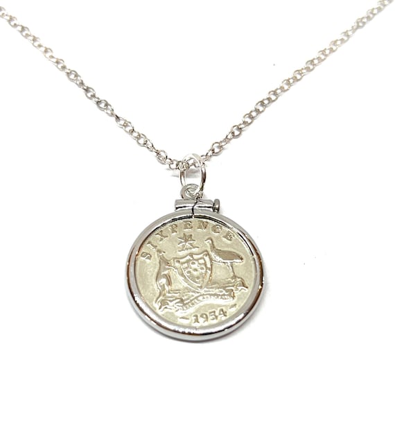 1954 70th Birthday gifts for women / Anniversary Australian sixpence coin Solid Cinch pendant plus 18inch SS chain gift 70th birthday