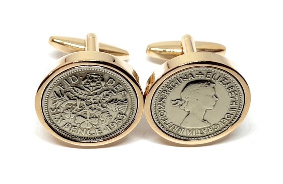 Luxury 1953 Sixpence Cufflinks for a 72nd birthday.  Original british sixpences inset in Silver Plated French Cufflinks backs 72nd Rose Gold