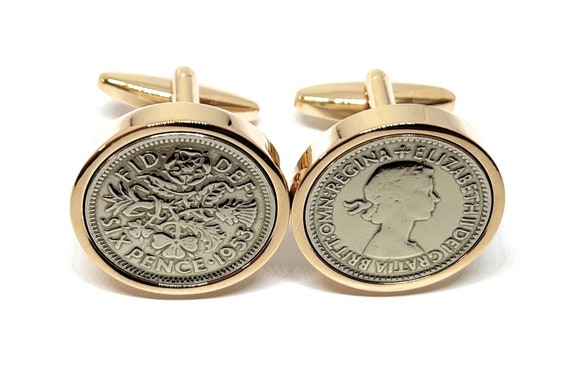 Luxury 1953 Sixpence Cufflinks for a 71st birthday.  Original british sixpences inset in Silver Plated French Cufflinks backs 71st Rose Gold