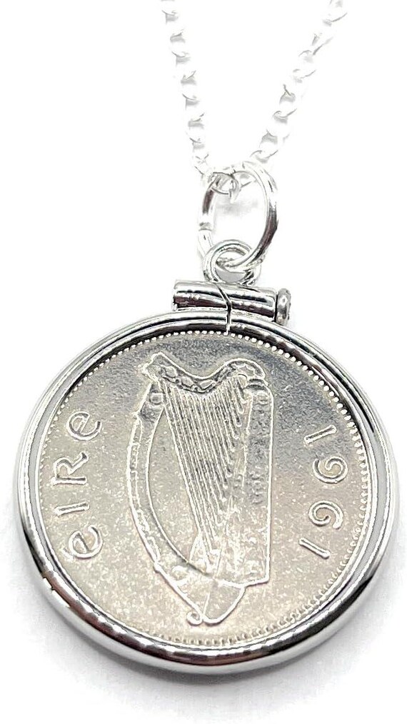 64th Birthday Gift, 1962 Irish Sixpence Coin Pendant Solid Cinch:  Sterling Silver Chain