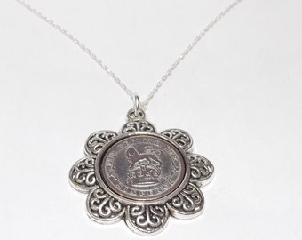 Floral Pendant 1926 Lucky sixpence 98th Birthday plus a Sterling Silver 18in Chain 98th birthday 1926 coin pendant. 1926 98th birthday gift