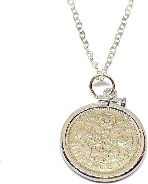 Coin Pendant, 1956 British Sixpence with 18-Inch Sterling Silver Chain