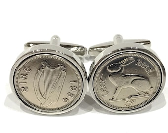 1956 68th birthday Irish coin cufflinks- Great gift idea.  1956 68th birthday gift Genuine Irish 3d threepence coin cufflinks from 1956