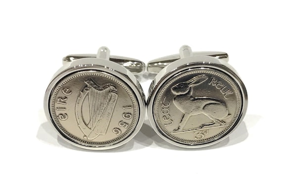 1956 69th birthday Irish coin cufflinks- Great gift idea.  1956 69th birthday gift Genuine Irish 3d threepence coin cufflinks from 1956