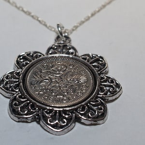 1963 Sixpence Blumen Anhänger: 62.Geburtstag Geschenk, Sterling Silber Kette