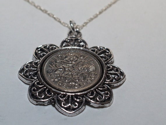 Floral Pendant 1963 Lucky sixpence 61st Birthday plus a Sterling Silver 18in Chain 61st birthday gift for her Thinking Of You, Mum Dad